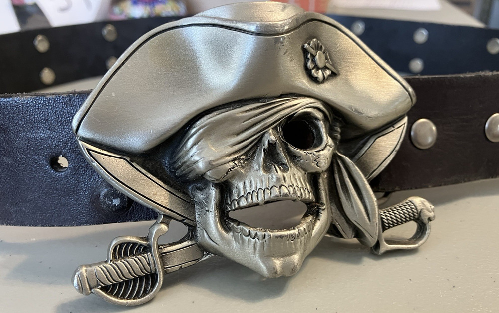 Great American Buckle Co Pewter Pirate Skull Belt Buckle Wide Brown Leather Belt